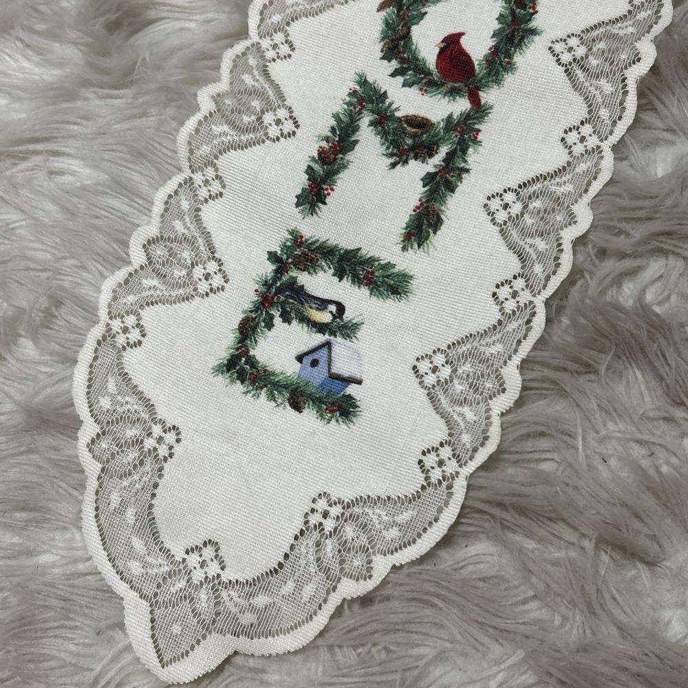 Welcome Red Cardinal Bird Door Hanger Wall Lace Nature Holly Berry Granny 33"x8" - Picture 2 of 5